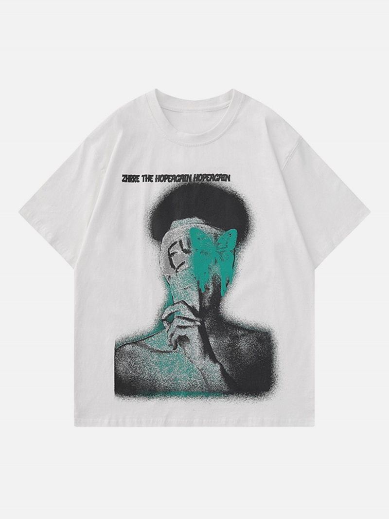 Noir  T Shirts Aelfric Eden Mute Portrait Butterfly Print Tee - VKS-0863547